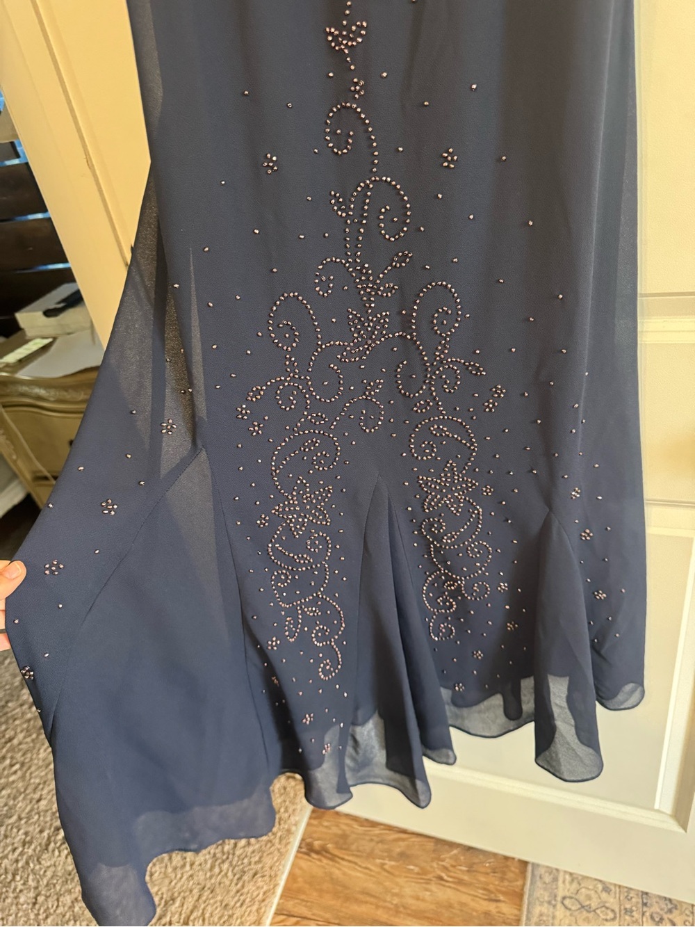 R&M Richards Navy Beaded Maxi Slip Dress